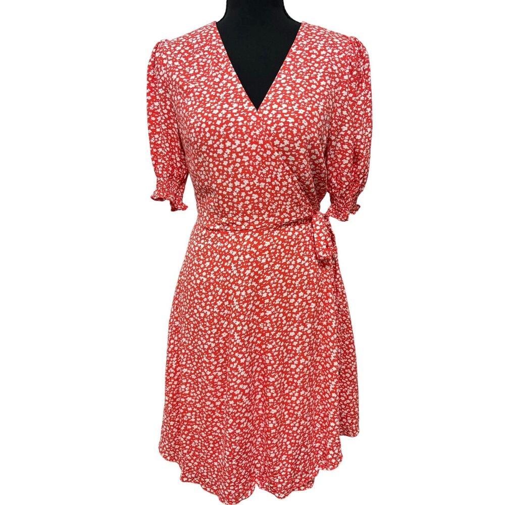 Banana Republic Size 6 Red Floral Wrap Dress Puff Sleeve Tie Waist Knee Length